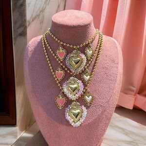 18K Gold plated Heart burst‎ Corazon Beaded Necklace Triple Charms Pink Sacred